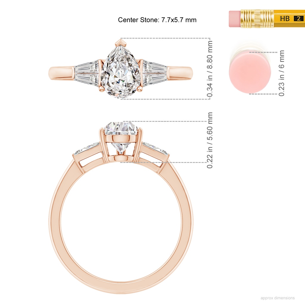 7.7x5.7mm IJI1I2 Pear and Twin Tapered Baguette Diamond Side Stone Engagement Ring in Rose Gold ruler