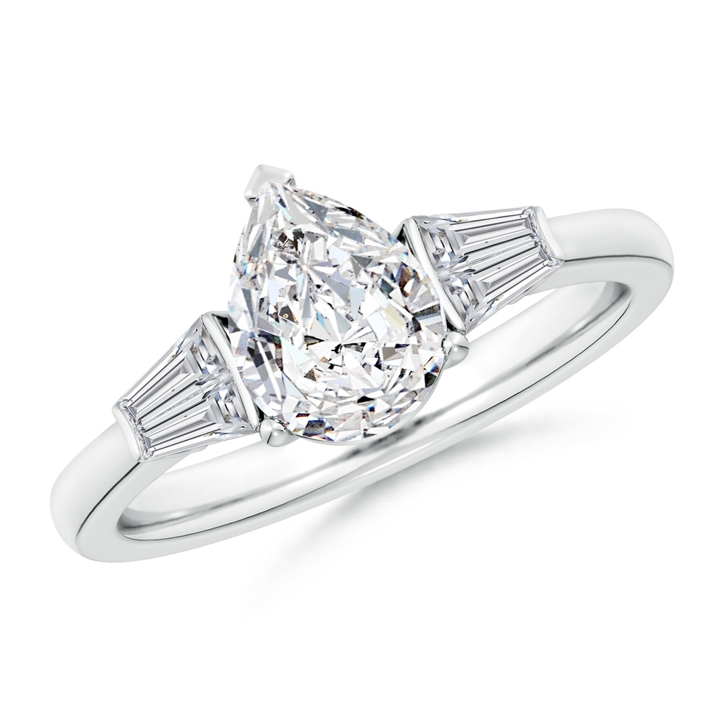 8.5x6.5mm HSI2 Pear and Twin Tapered Baguette Diamond Side Stone Engagement Ring in White Gold