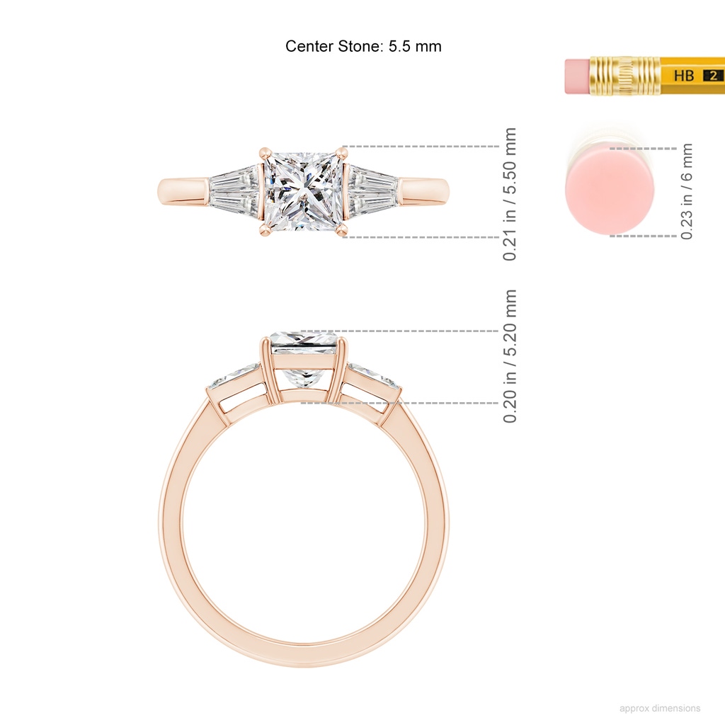 5.5mm IJI1I2 Princess-Cut and Twin Tapered Baguette Diamond Side Stone Engagement Ring in Rose Gold ruler