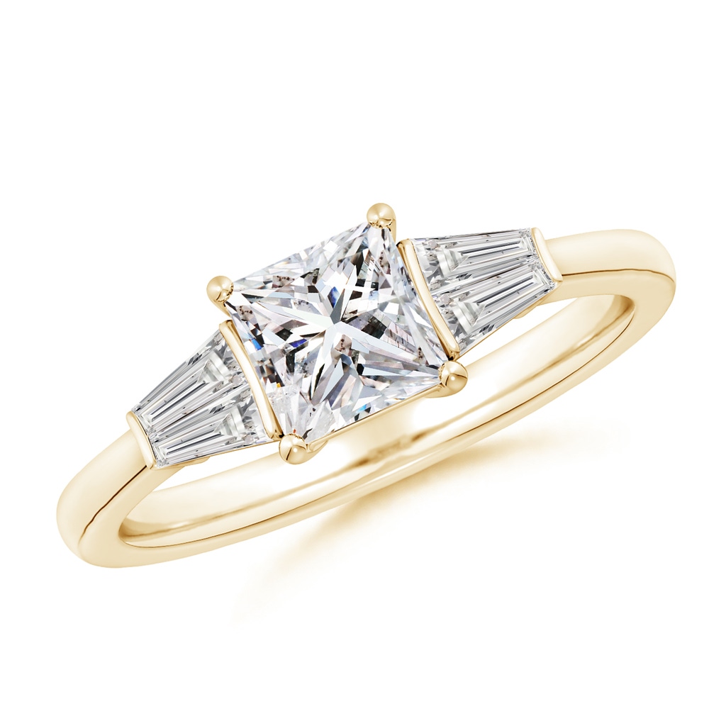 5.5mm IJI1I2 Princess-Cut and Twin Tapered Baguette Diamond Side Stone Engagement Ring in Yellow Gold