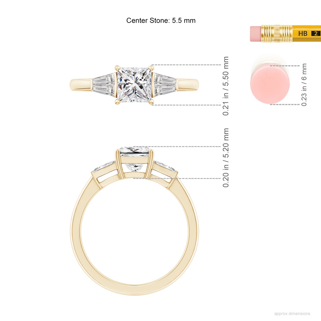 5.5mm IJI1I2 Princess-Cut and Twin Tapered Baguette Diamond Side Stone Engagement Ring in Yellow Gold ruler