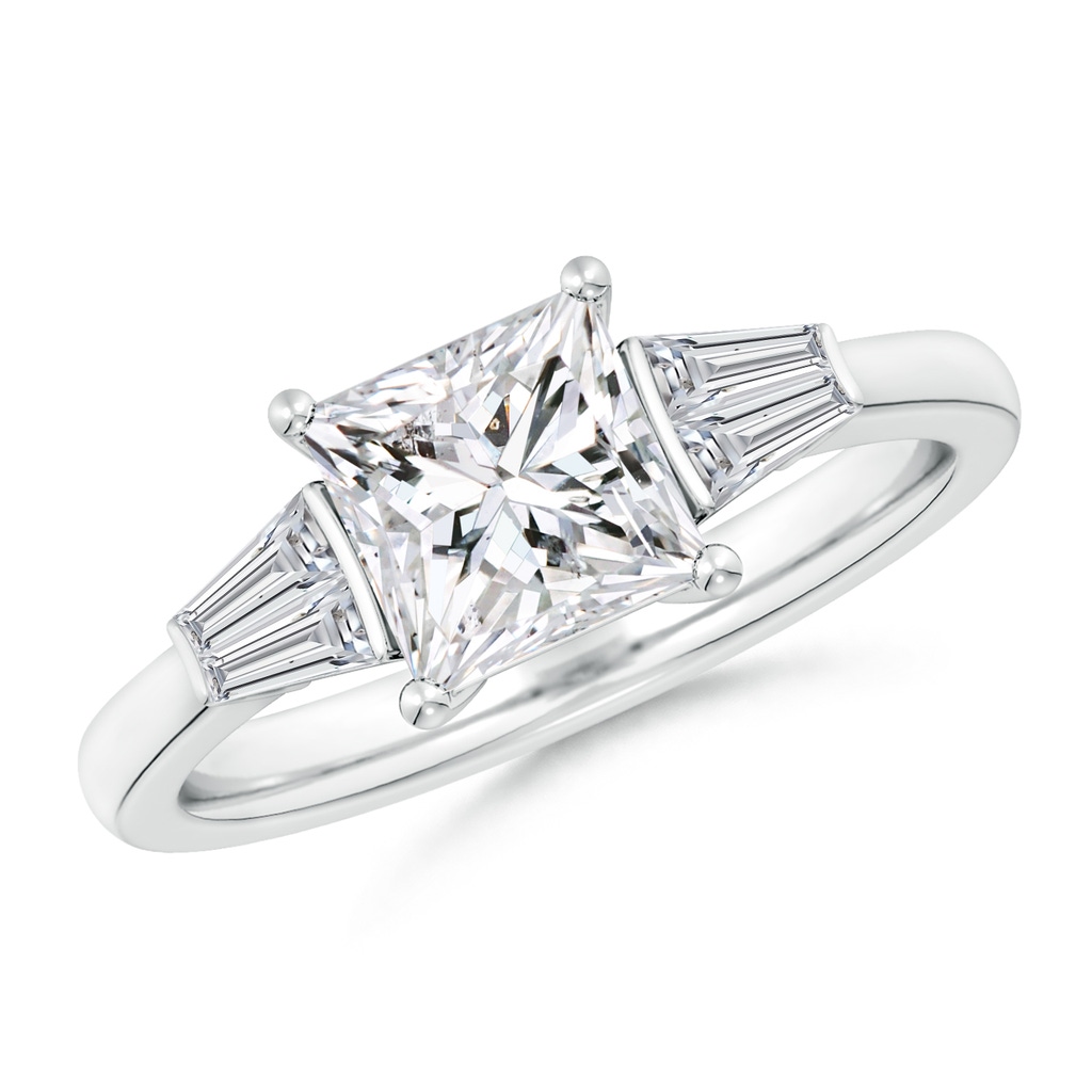 6.5mm HSI2 Princess-Cut and Twin Tapered Baguette Diamond Side Stone Engagement Ring in White Gold