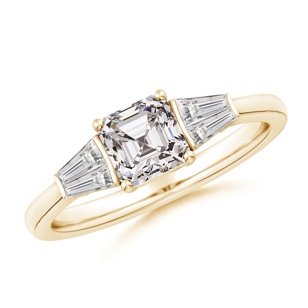 5.5mm IJI1I2 Asscher-Cut and Twin Tapered Baguette Diamond Side Stone Engagement Ring in Yellow Gold