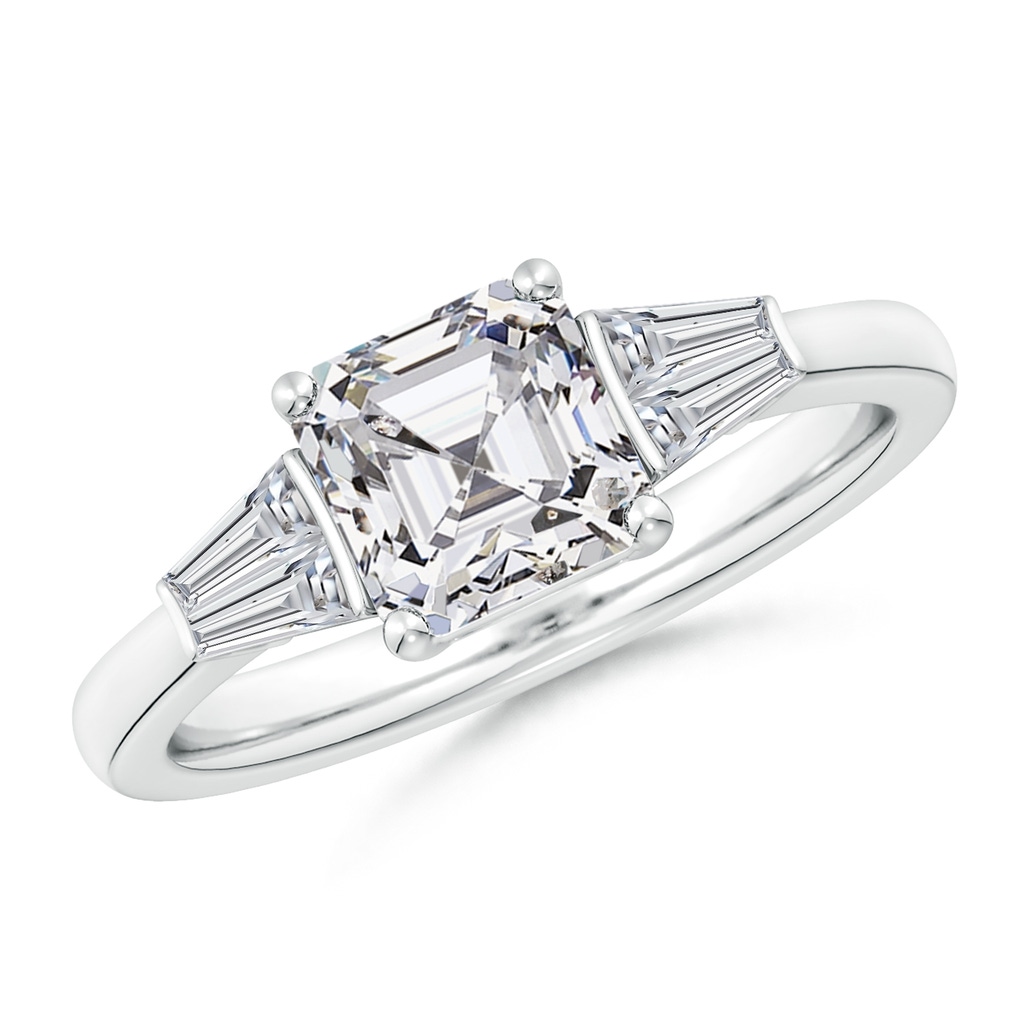 6.5mm HSI2 Asscher-Cut and Twin Tapered Baguette Diamond Side Stone Engagement Ring in White Gold