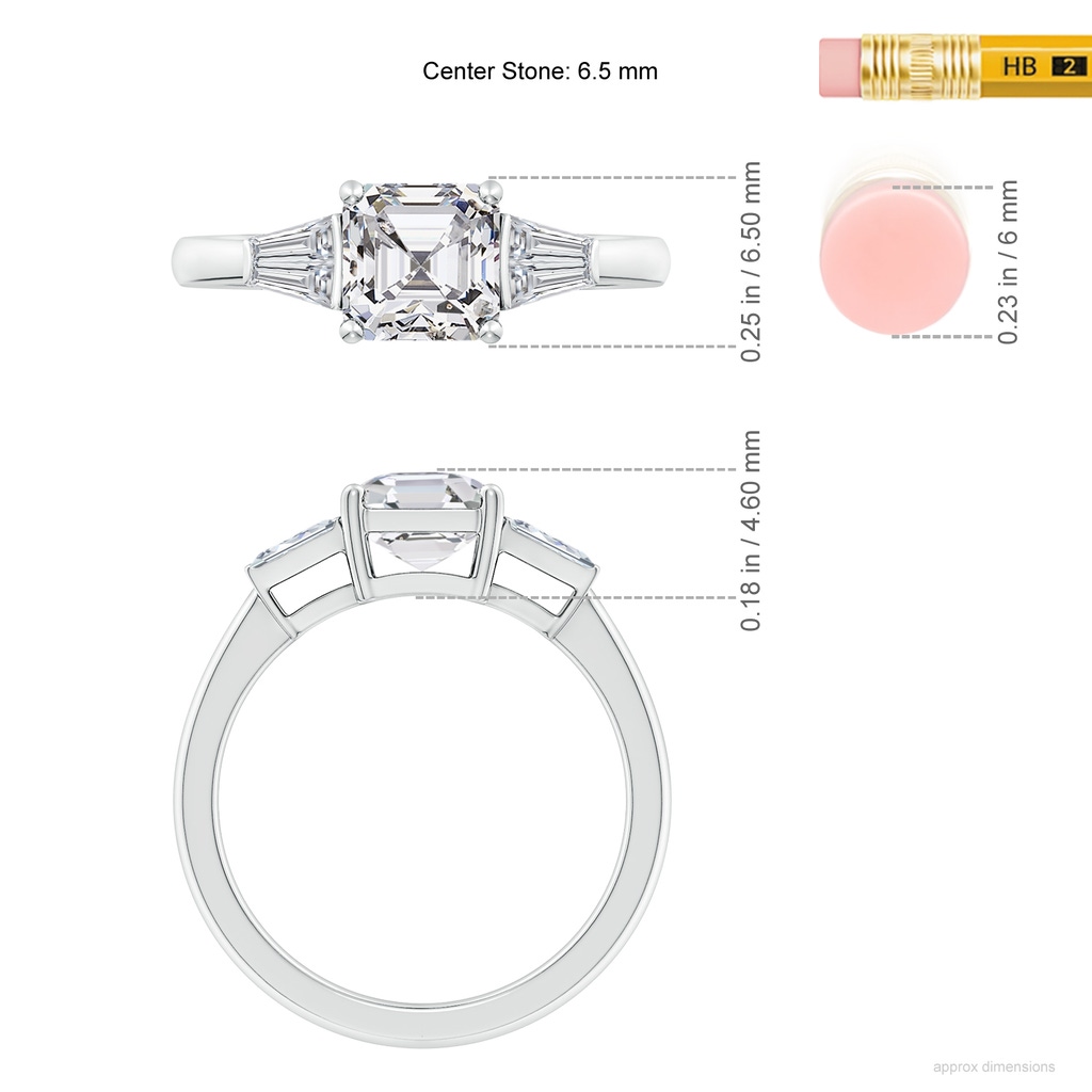 6.5mm HSI2 Asscher-Cut and Twin Tapered Baguette Diamond Side Stone Engagement Ring in White Gold ruler