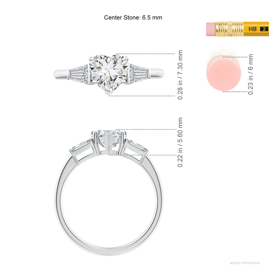 6.5mm HSI2 Heart and Twin Tapered Baguette Diamond Side Stone Engagement Ring in White Gold ruler