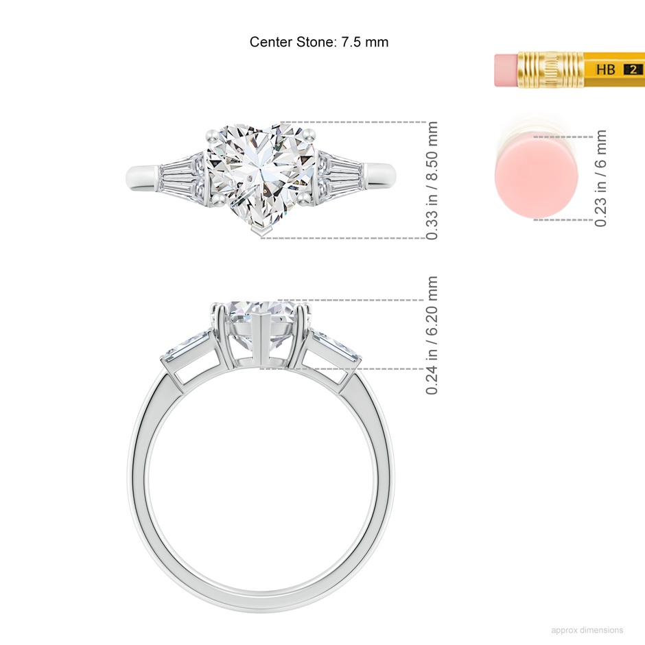 7.5mm HSI2 Heart and Twin Tapered Baguette Diamond Side Stone Engagement Ring in White Gold ruler