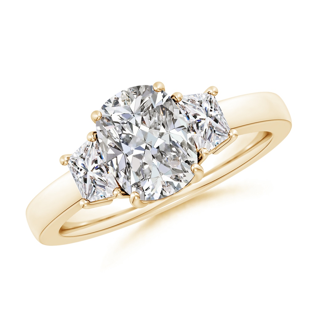 8.5x6.5mm IJI1I2 Cushion Rectangular and Trapezoid Diamond Three Stone Engagement Ring in Yellow Gold