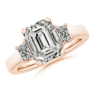 10x7.5mm KI3 Emerald-Cut and Trapezoid Diamond Three Stone Engagement Ring in Rose Gold