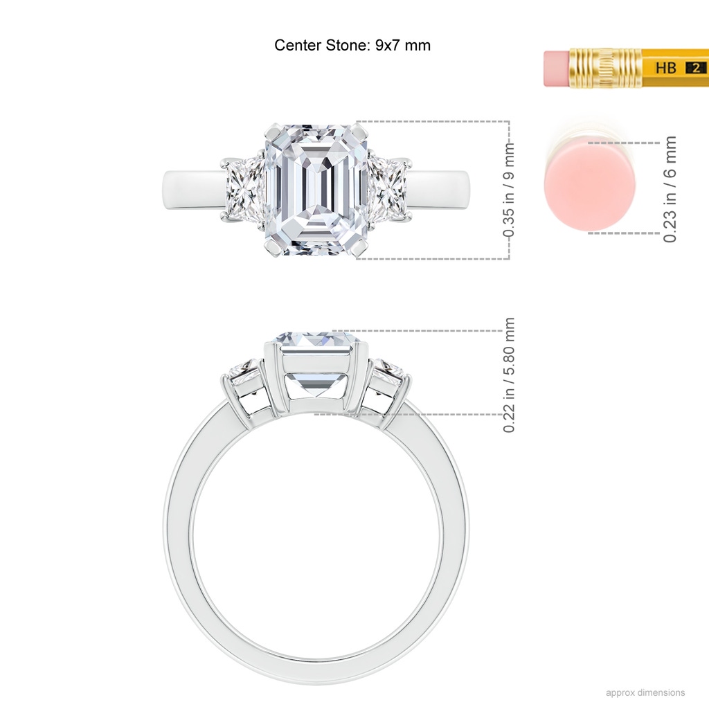 9x7mm HSI2 Emerald-Cut and Trapezoid Diamond Three Stone Engagement Ring in White Gold ruler