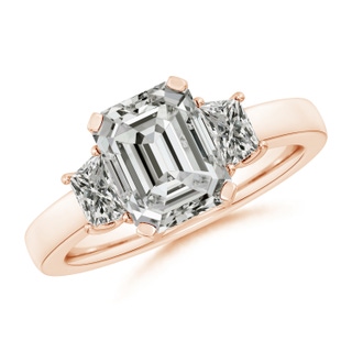 9x7mm KI3 Emerald-Cut and Trapezoid Diamond Three Stone Engagement Ring in 18K Rose Gold