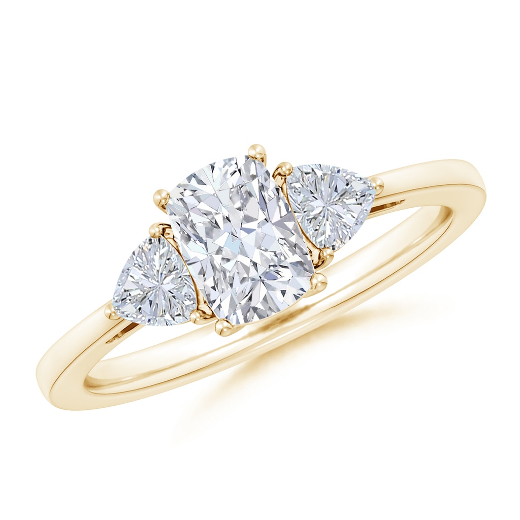 7x5mm GVS2 Cushion Rectangular and Trillion Diamond Three Stone Engagement Ring in Yellow Gold