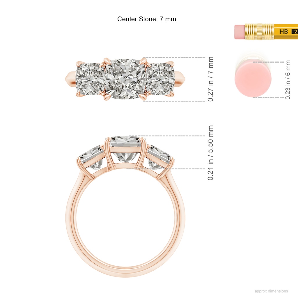 7mm KI3 Cushion Diamond Three Stone Knife-Edge Shank Engagement Ring in Rose Gold ruler
