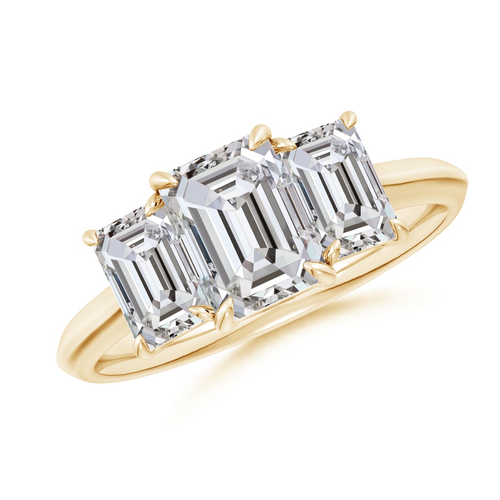 7.5x5.5mm IJI1I2 Emerald-Cut Diamond Three Stone Knife-Edge Shank Engagement Ring in Yellow Gold