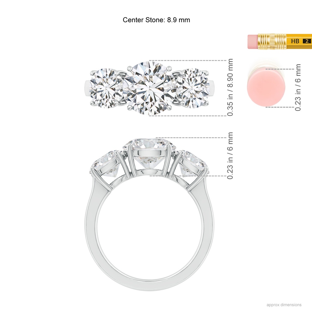 8.9mm HSI2 Round Diamond Three Stone Classic Engagement Ring in White Gold ruler
