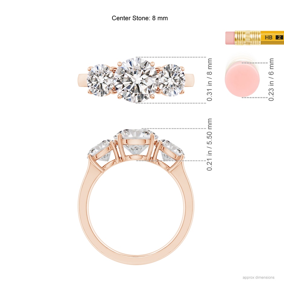 8mm IJI1I2 Round Diamond Three Stone Classic Engagement Ring in Rose Gold ruler