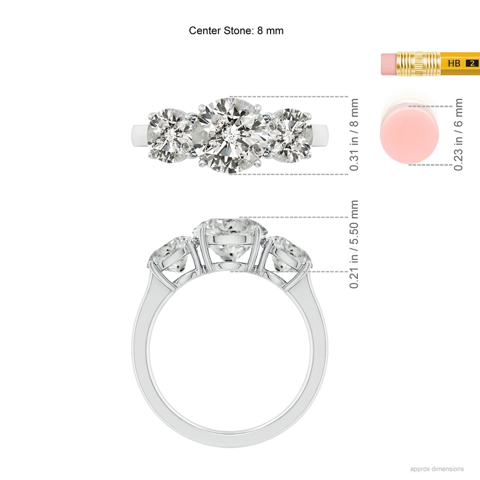 8mm KI3 Round Diamond Three Stone Classic Engagement Ring in P950 Platinum ruler