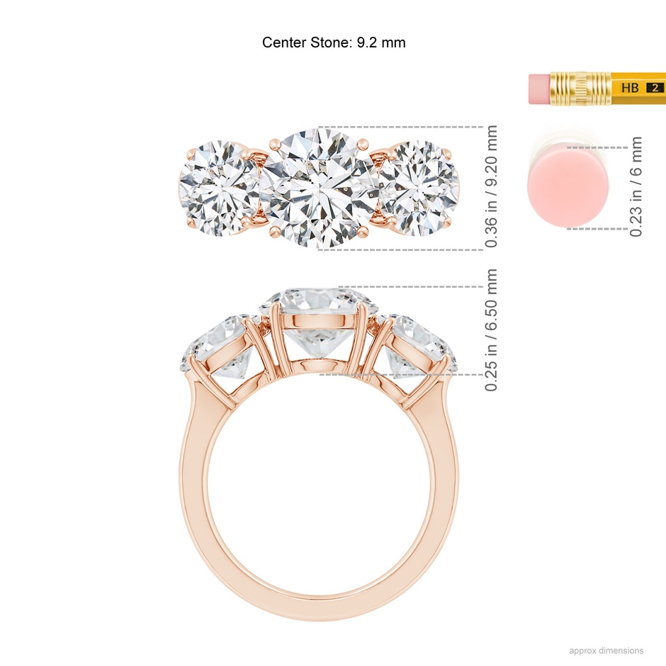 9.2mm HSI2 Round Diamond Three Stone Classic Engagement Ring in Rose Gold ruler