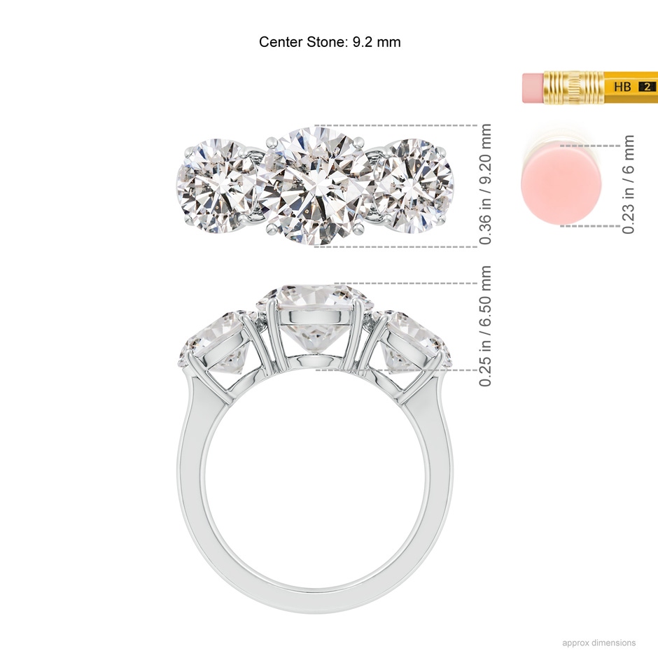 9.2mm IJI1I2 Round Diamond Three Stone Classic Engagement Ring in White Gold ruler