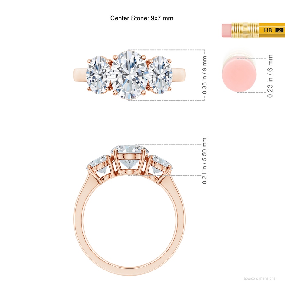9x7mm GVS2 Oval Diamond Three Stone Classic Engagement Ring in 9K Rose Gold ruler