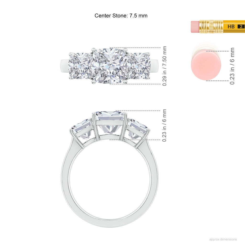 7.5mm HSI2 Cushion Diamond Three Stone Classic Engagement Ring in White Gold ruler