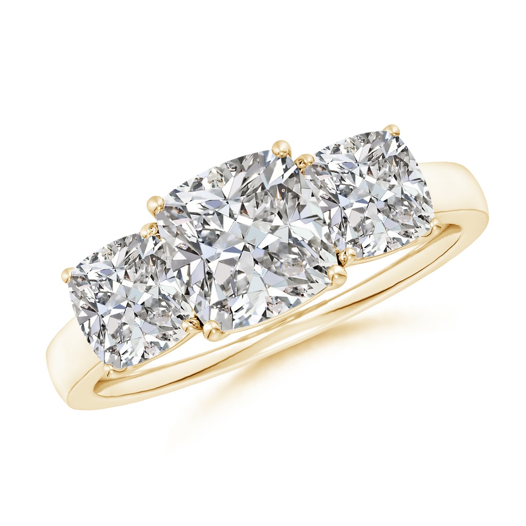 7mm IJI1I2 Cushion Diamond Three Stone Classic Engagement Ring in Yellow Gold