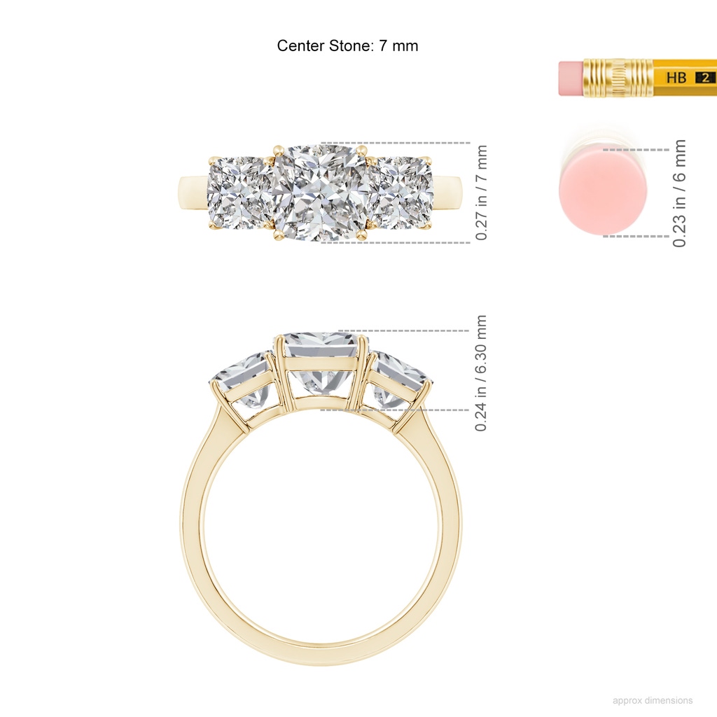 7mm IJI1I2 Cushion Diamond Three Stone Classic Engagement Ring in Yellow Gold ruler