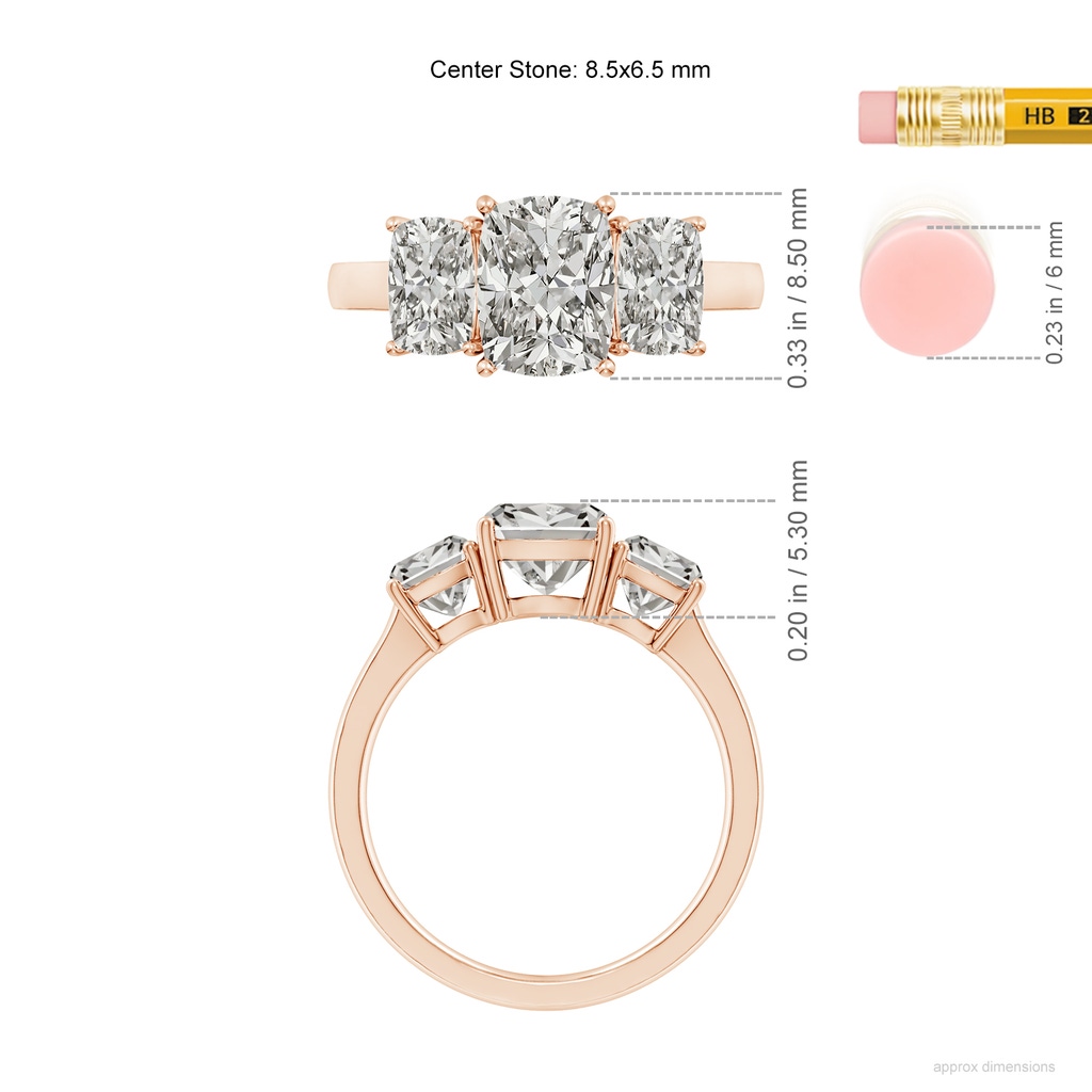 8.5x6.5mm KI3 Cushion Rectangular Diamond Three Stone Classic Engagement Ring in Rose Gold ruler