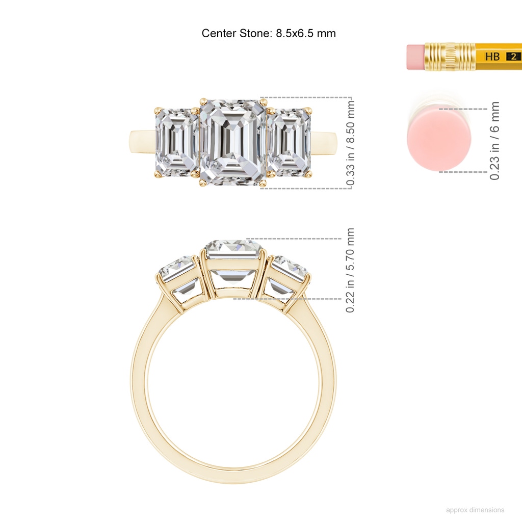 8.5x6.5mm IJI1I2 Emerald-Cut Diamond Three Stone Classic Engagement Ring in Yellow Gold ruler