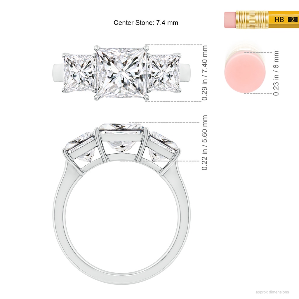 7.4mm HSI2 Princess-Cut Diamond Three Stone Classic Engagement Ring in White Gold ruler