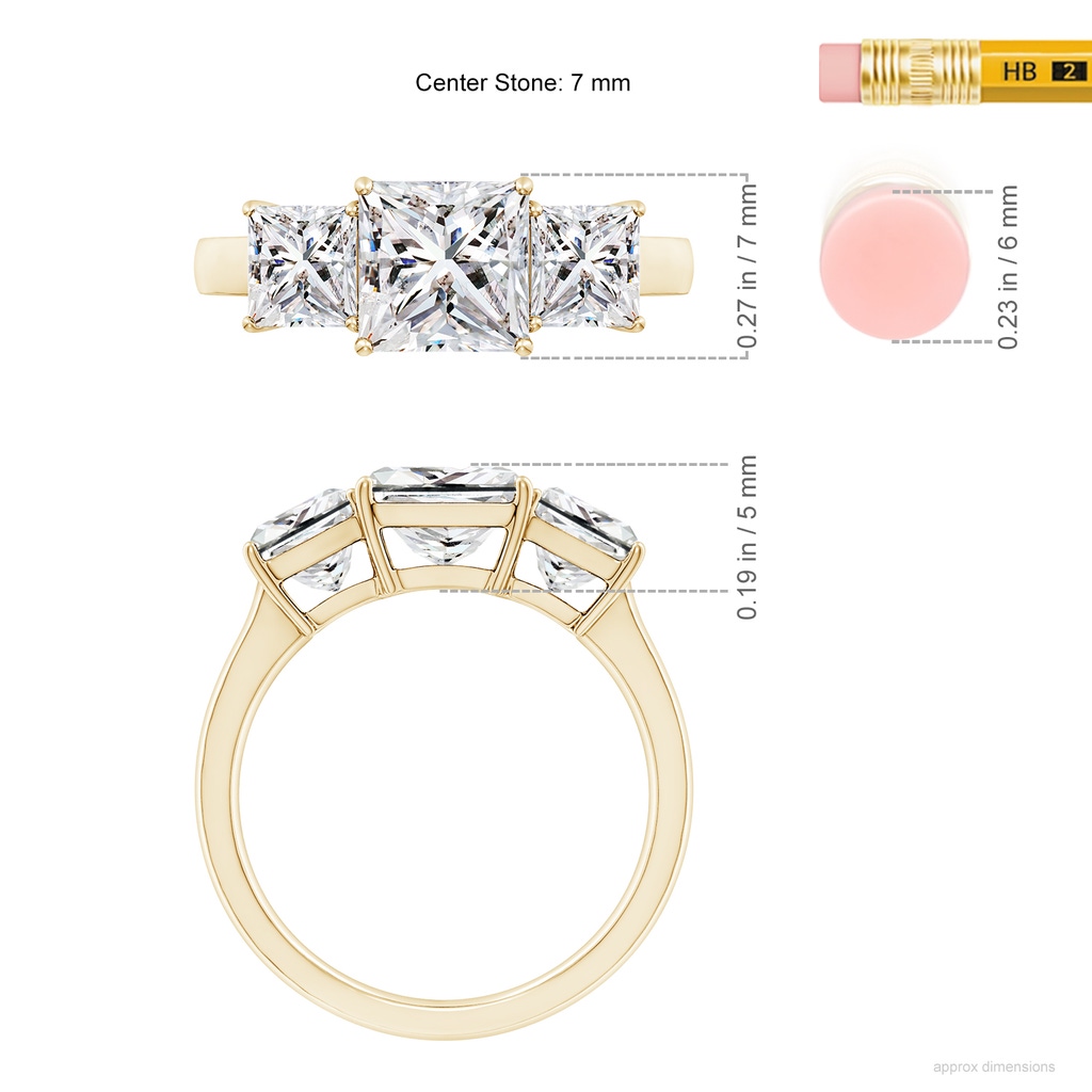 7mm IJI1I2 Princess-Cut Diamond Three Stone Classic Engagement Ring in Yellow Gold ruler