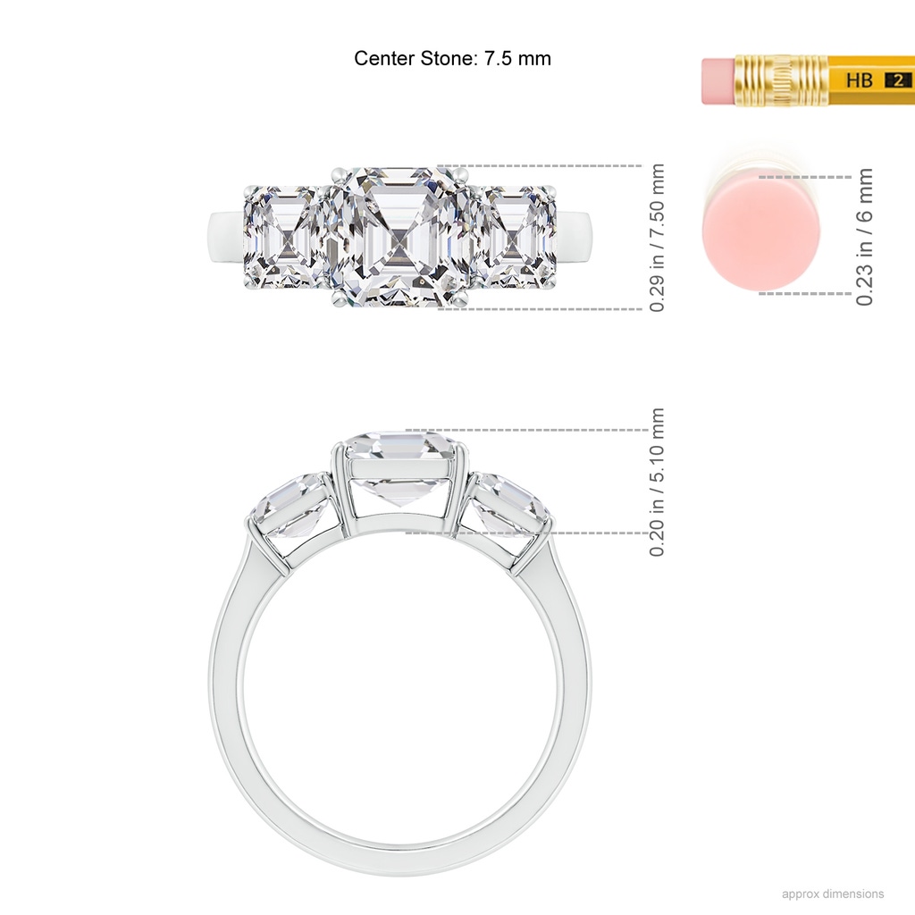 7.5mm HSI2 Asscher-Cut Diamond Three Stone Classic Engagement Ring in White Gold ruler