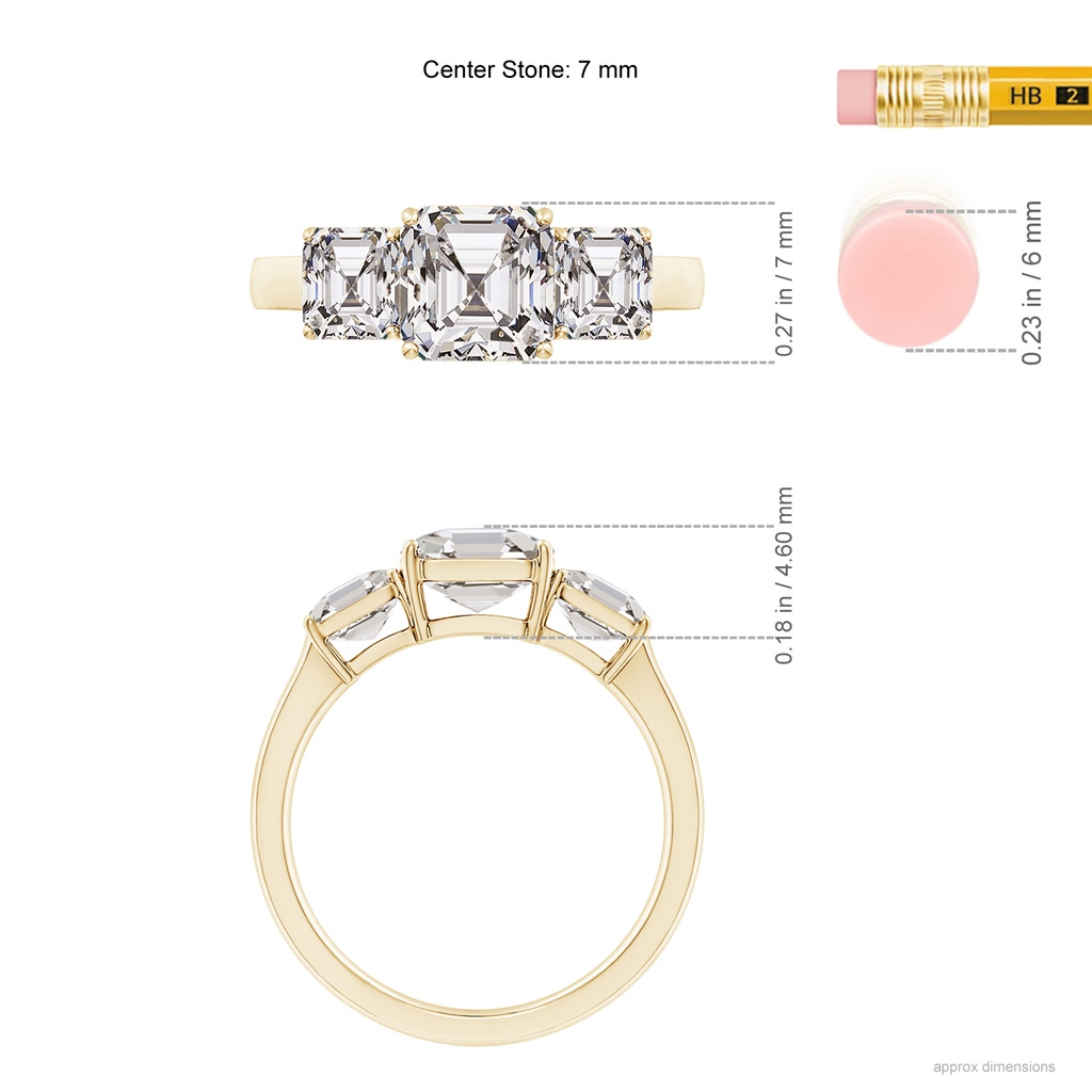 7mm IJI1I2 Asscher-Cut Diamond Three Stone Classic Engagement Ring in Yellow Gold ruler