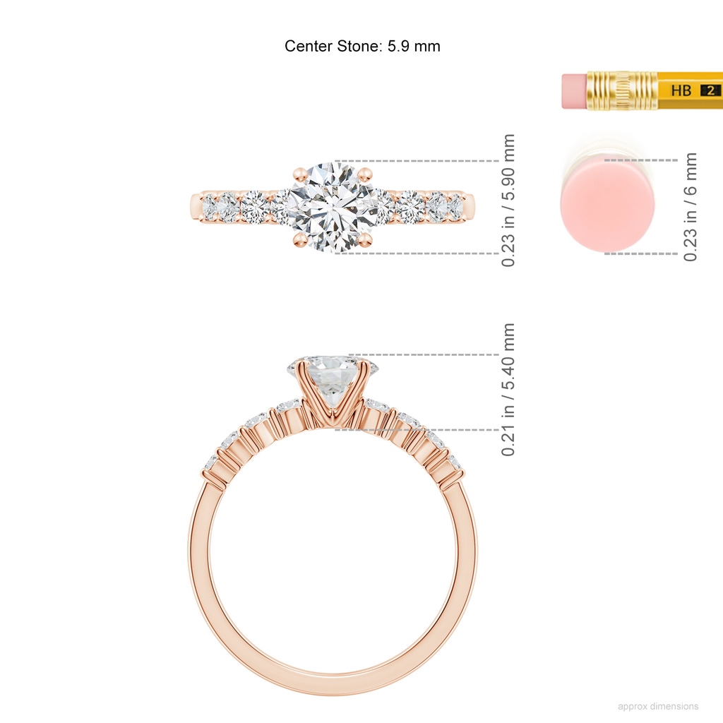 5.9mm HSI2 Solitaire Round Diamond Graduated Engagement Ring in Rose Gold ruler