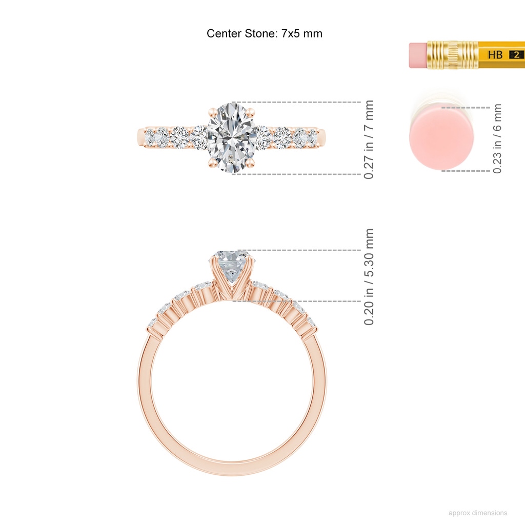 7x5mm HSI2 Solitaire Oval Diamond Graduated Engagement Ring in Rose Gold ruler