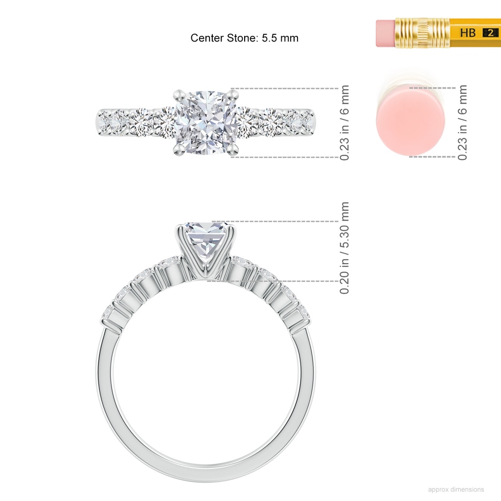 5.5mm HSI2 Solitaire Cushion Diamond Graduated Engagement Ring in White Gold ruler