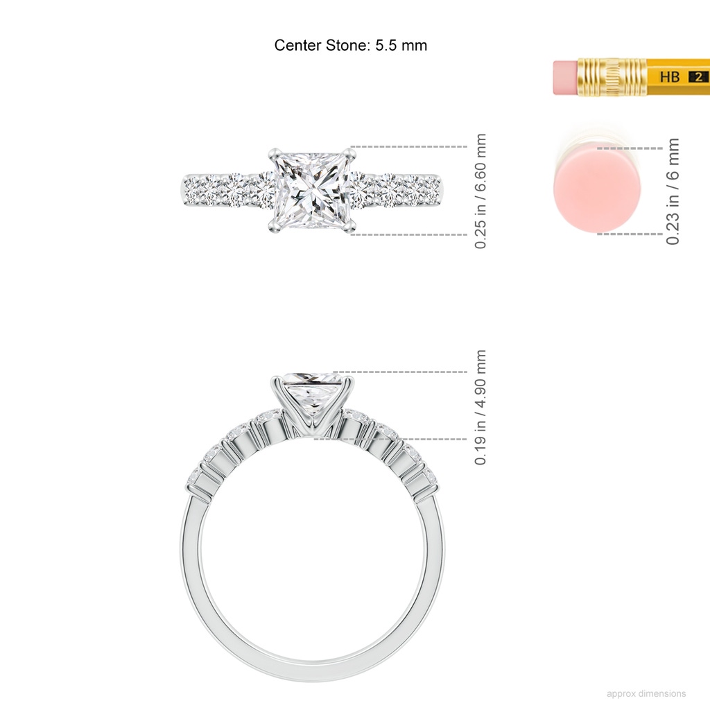 5.5mm HSI2 Solitaire Princess-Cut Diamond Graduated Engagement Ring in White Gold ruler
