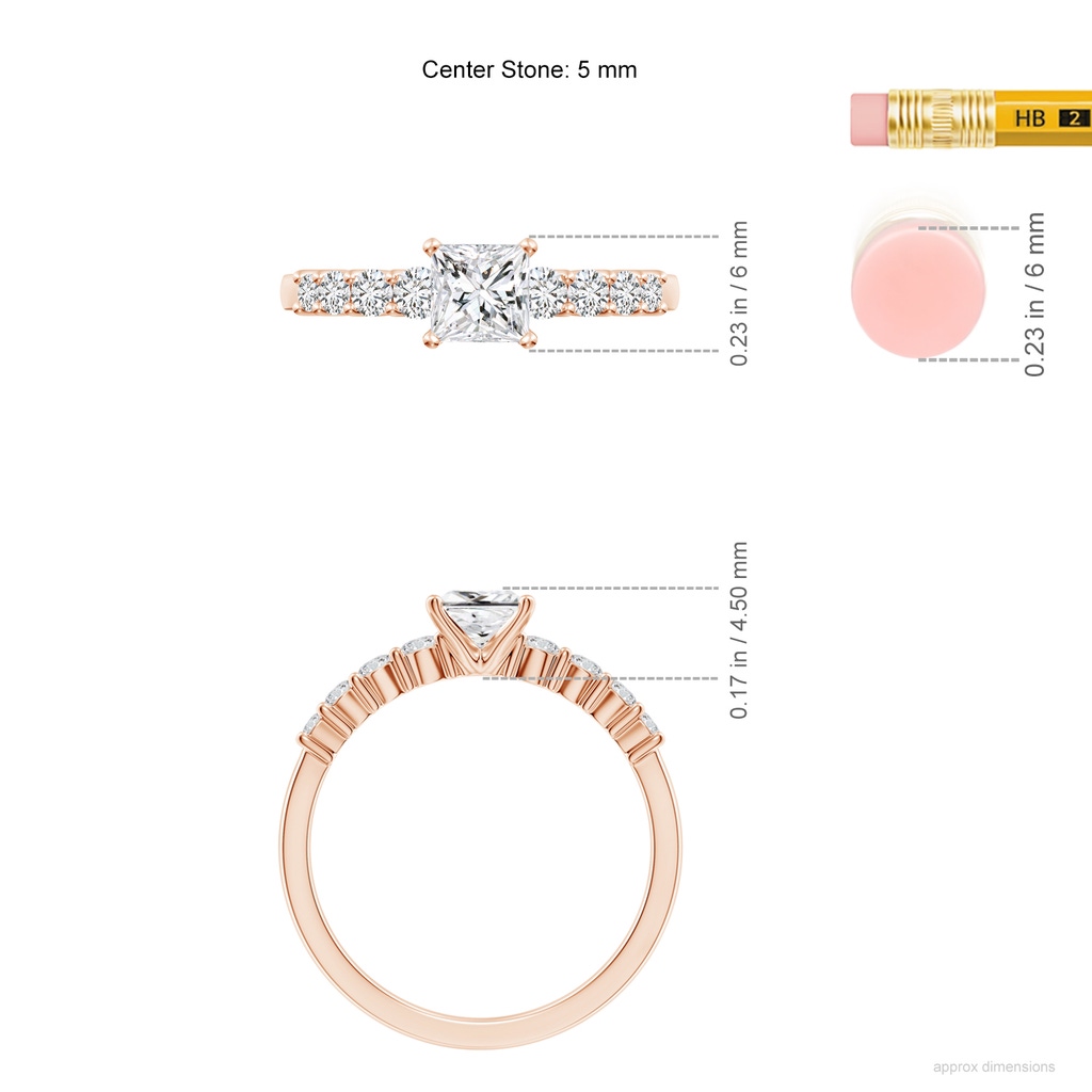 5mm HSI2 Solitaire Princess-Cut Diamond Graduated Engagement Ring in Rose Gold ruler