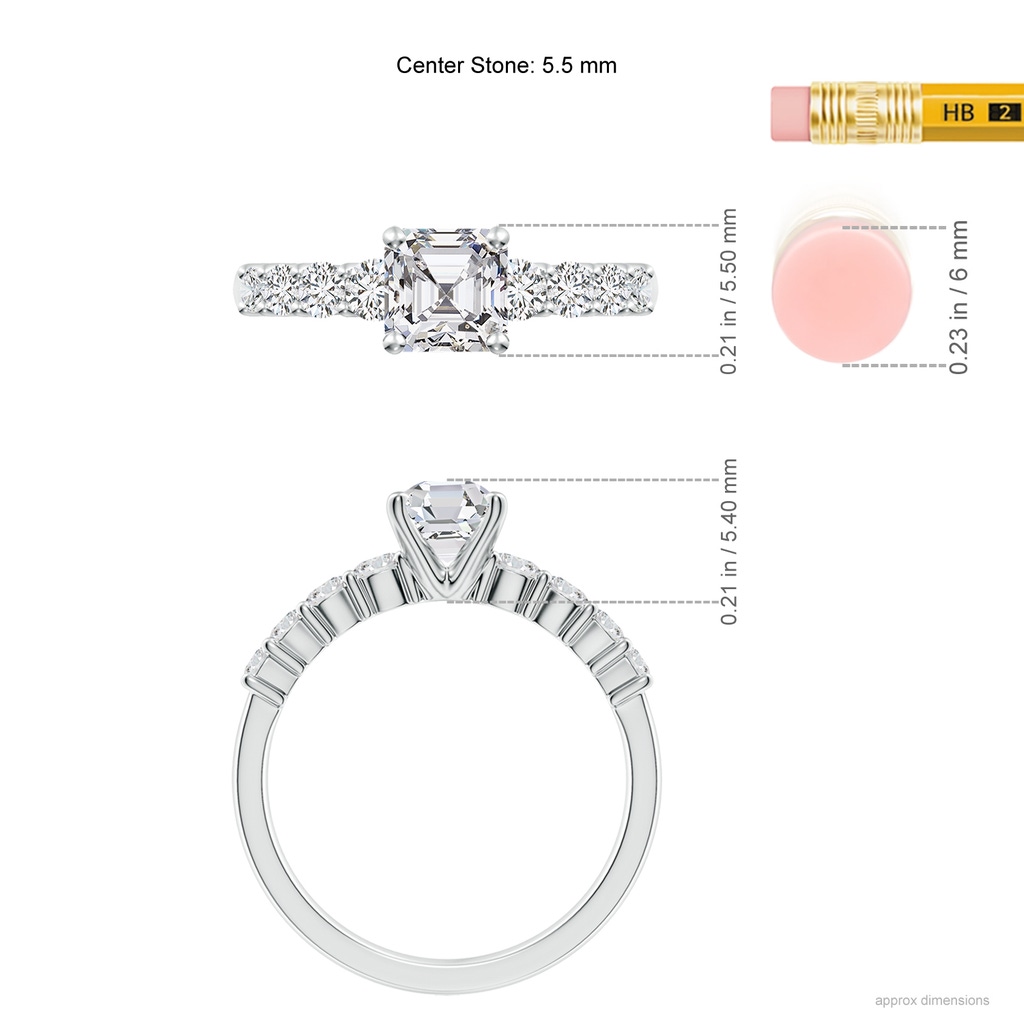 5.5mm HSI2 Solitaire Asscher-Cut Diamond Graduated Engagement Ring in White Gold ruler