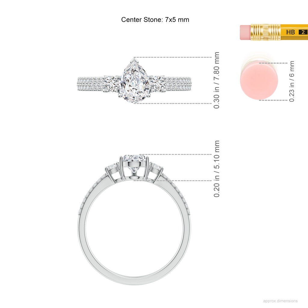 7x5mm HSI2 Pear Diamond Side Stone Knife-Edge Shank Engagement Ring in White Gold ruler