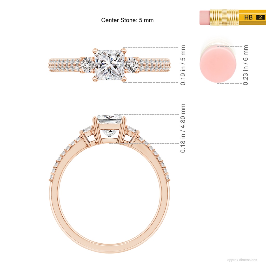 5mm IJI1I2 Princess-Cut Diamond Side Stone Knife-Edge Shank Engagement Ring in Rose Gold ruler