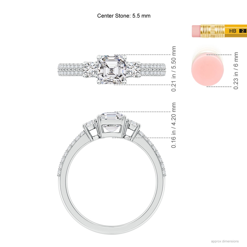 5.5mm HSI2 Asscher-Cut Diamond Side Stone Knife-Edge Shank Engagement Ring in White Gold ruler