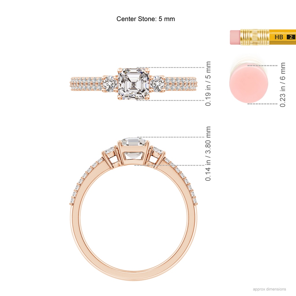 5mm IJI1I2 Asscher-Cut Diamond Side Stone Knife-Edge Shank Engagement Ring in Rose Gold ruler