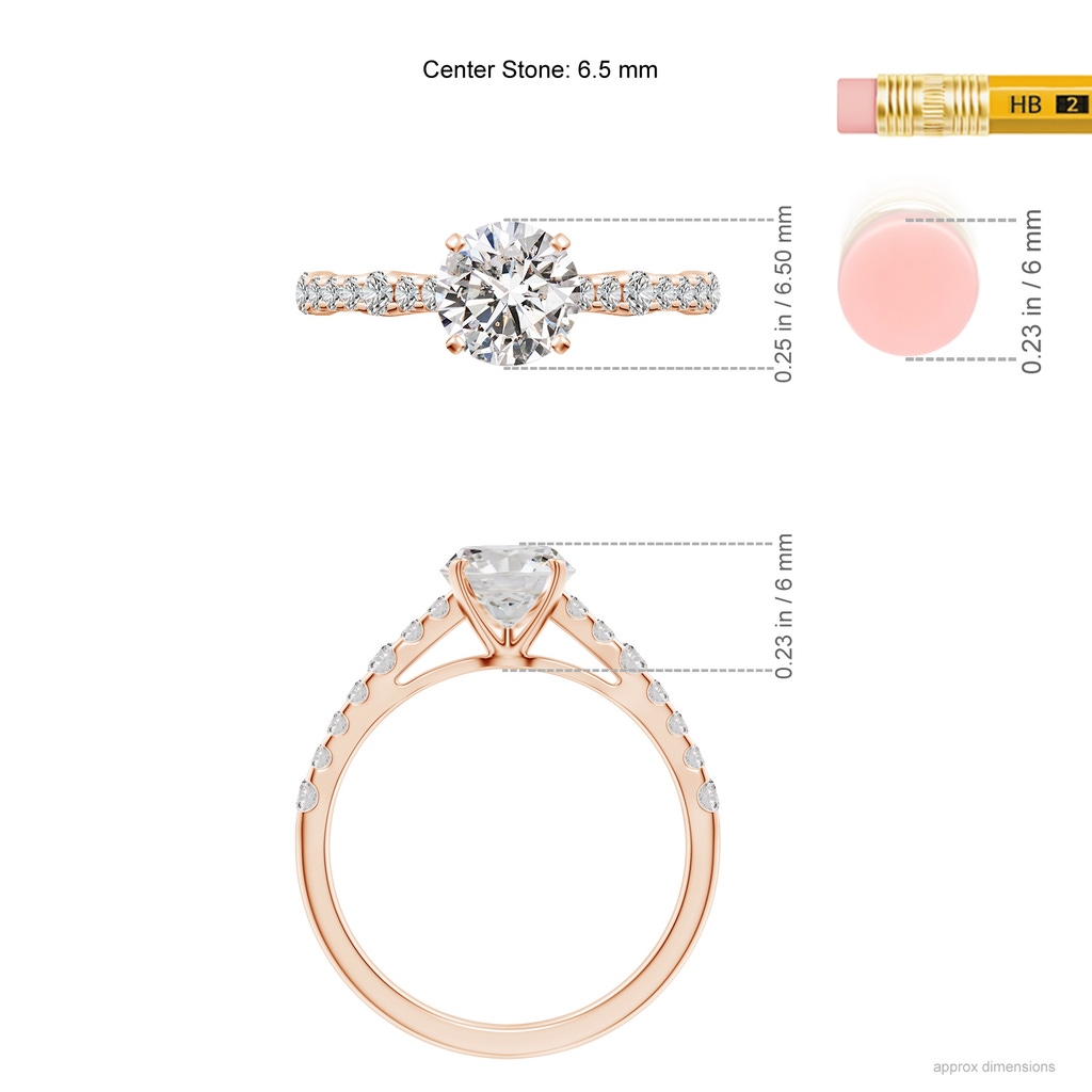 6.5mm IJI1I2 Solitaire Round Diamond Station Engagement Ring in Rose Gold ruler