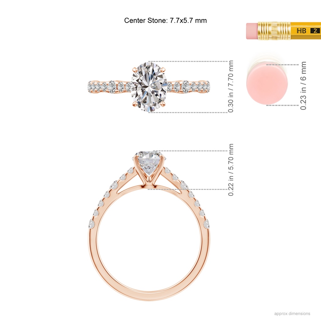7.7x5.7mm IJI1I2 Solitaire Oval Diamond Station Engagement Ring in Rose Gold ruler