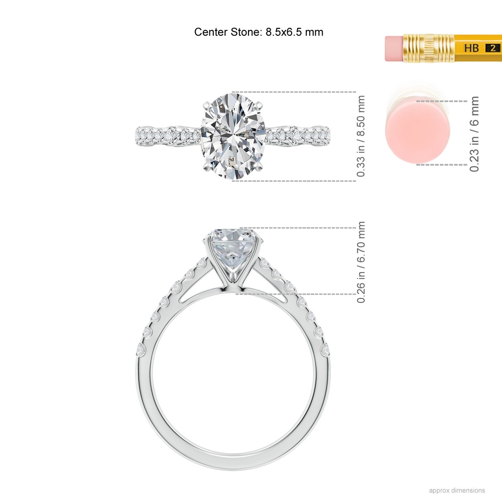 8.5x6.5mm HSI2 Solitaire Oval Diamond Station Engagement Ring in White Gold ruler