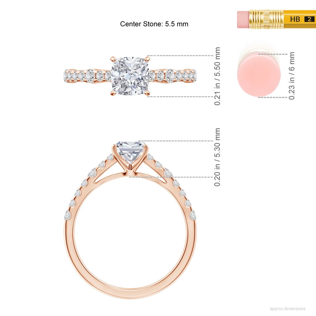 5.5mm HSI2 Solitaire Cushion Diamond Station Engagement Ring in Rose Gold ruler