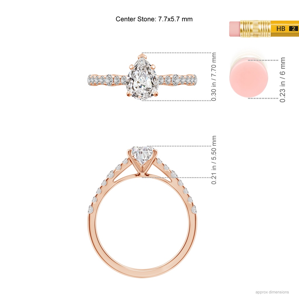 7.7x5.7mm IJI1I2 Solitaire Pear Diamond Station Engagement Ring in Rose Gold ruler
