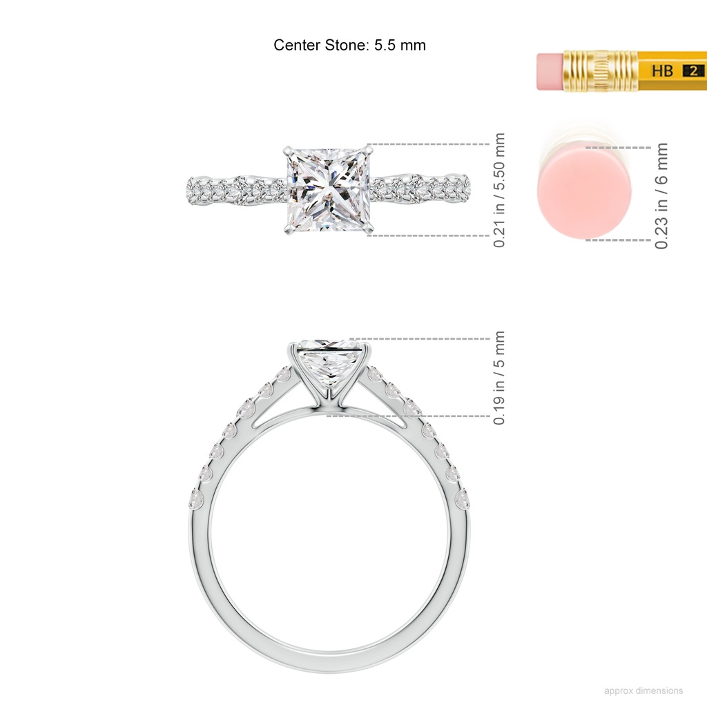 5.5mm IJI1I2 Solitaire Princess-Cut Diamond Station Engagement Ring in White Gold ruler