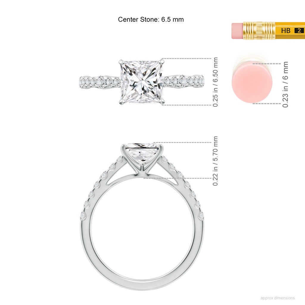 6.5mm HSI2 Solitaire Princess-Cut Diamond Station Engagement Ring in White Gold ruler
